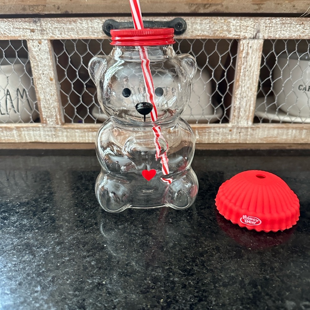 Honey Dew Bear-Shaped Glass with Red Lid and Straw Valentines Limited edition - Picture 2 of 3